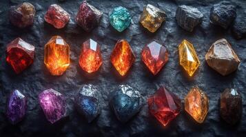 Colorful gemstones arranged on dark stone, background texture, jewelry design photo