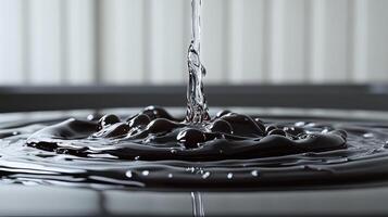 Water pouring, dark liquid ripples, background blur, close-up, science photo