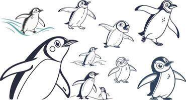 Penguins are shown in various poses and sizes vector