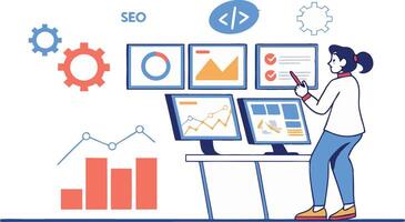 A woman is working on a computer with a graphic of seo vector
