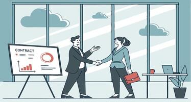 Business people shaking hands in front of a board with a presentation vector