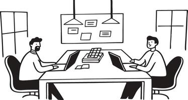 Two people sitting at a table with laptops vector