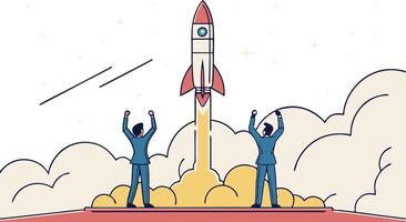 Two people in suits standing on a rocket with a rocket in the background vector