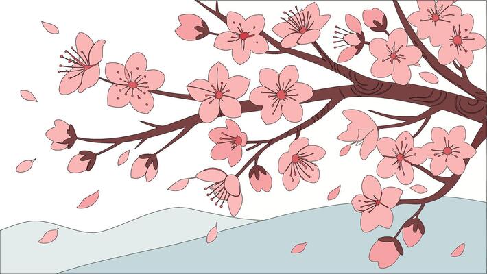 A cherry blossom tree with pink flowers and leaves