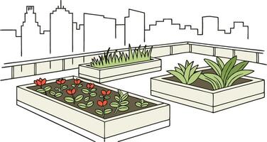 A drawing of a garden with plants in planters vector