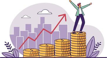 Businessman on top of stack of coins with arrow going up vector