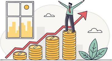 A man standing on top of stacks of coins with an arrow pointing up vector