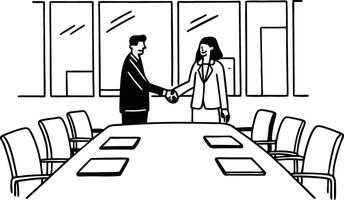 A black and white drawing of two people shaking hands vector