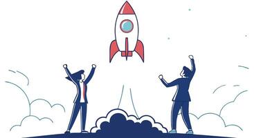 Two people are raising their hands in the air as they are standing on a rocket vector