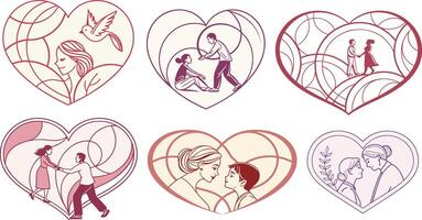 Set of illustrations of people in heart shapes vector
