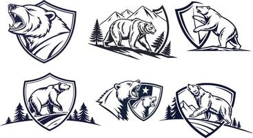 Bear logo set with bear in the mountains and forest vector