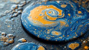 Abstract swirling gold and blue paint, close-up macro shot photo
