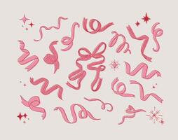 Ribbon variety shapes with swirl and stars collection drawing with red on beige background vector