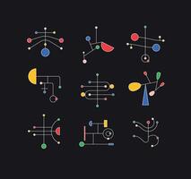 Geometric vivid color shape illustrations collection drawing in Piet Mondrian art style on black background. vector