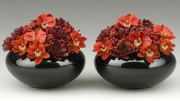 Two red orchid and succulent arrangements in black vases, studio shot, website design photo