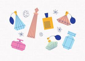 Perfume bottle collection drawing in retro style on light background vector