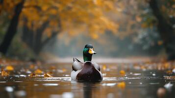 Mallard duck swimming autumn river, leaves background, nature scene photo