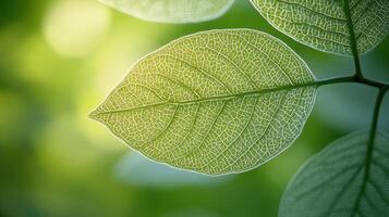 Sunlit leaves, close-up detail, forest background, nature photography photo