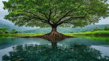 Majestic tree, tranquil river, lush mountains, nature serenity, eco poster photo