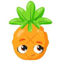 Adorable pineapple character with expressive eyes and a playful expression. Perfect for food-related designs, summer themes, tropical branding, kids' illustrations, and fun decorative elements vector