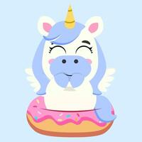 Charming unicorn sitting on a pink frosted donut, radiating joy and playfulness vector