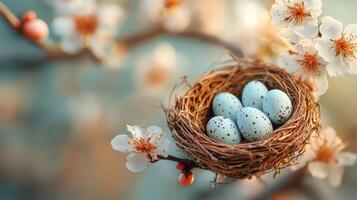 Bird's nest with eggs in spring blossom photo