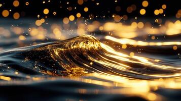 Golden wave, dark background, bokeh lights, liquid texture, website banner photo