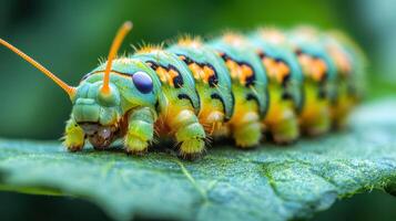 Colorful caterpillar on leaf, garden background, nature macro photo