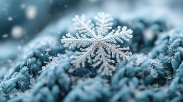 Snowflake on Knitted Fabric, Winter Scene, Cozy Background, Holiday Card photo