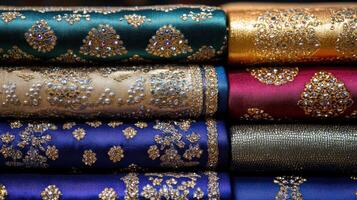 Colorful embroidered fabrics stacked, market stall photo