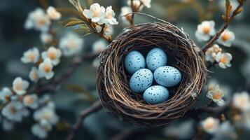 Bird's nest with eggs in spring blossoms photo