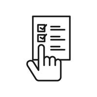icon Hand pointing at a checklist, symbolizing organization, planning, completion. Suitable for project management, goal setting, evaluating progress in presentations. vector