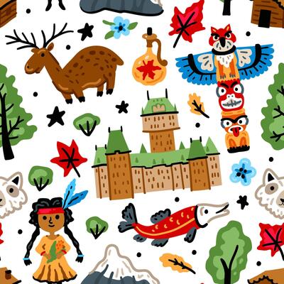 Bright cheerful children seamless pattern with symbols of Canada. American Indian, maple leaf, deer. North America