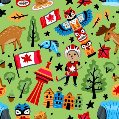 Bright cheerful children seamless pattern with symbols of Canada. American Indian, maple leaf, deer, Niagara waterfall. North America
