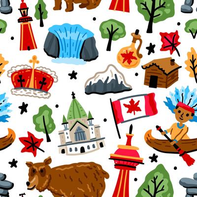 Bright cheerful children seamless pattern with symbols of Canada. American Indian, maple leaf, grizzly, Niagara waterfall. Alaska landmarks. North America