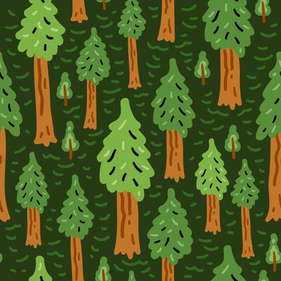 Bright forest cartoon seamless pattern. Nature cheerful children trees background.