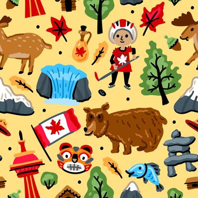 Bright children seamless pattern with symbols of Canada. American Indian, maple leaf, Niagara waterfall. Childish background. North America