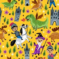 Bright children seamless pattern with fairy tale characters. Middle Ages magic legends Kingdom elements. Childish background. Knight, Castle and Wizard and Dragon vector