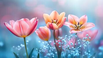 Pastel tulips, baby's breath, spring garden, bokeh background, greeting card photo
