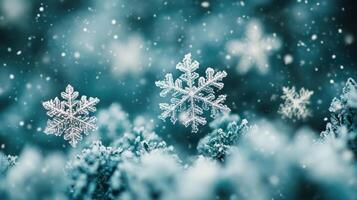 Winter snowflakes falling, snowy branches, frosty background, holiday card photo