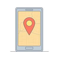 Geo Pin Marker on smartphone display. Mobile device showing a map on the screen. GPS, Destination, Journey, Map Navigation, Location, Route Direction, pointer icon concept. Flat outline illustration vector