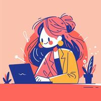 A simple flat illustration of a woman typing on a laptop at her desk. The design captures a modern workspace vibe, ideal for themes of productivity, remote work, and technology. vector