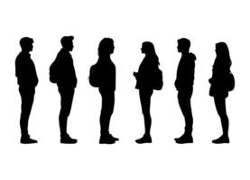 silhouettes of men and women, a group of standing professionals, side view, black and white color isolated on a white background. vector
