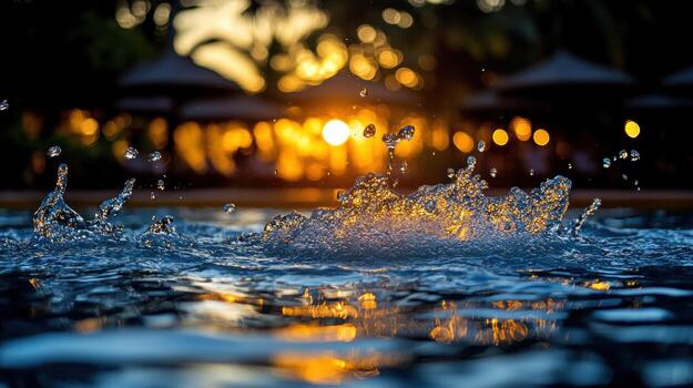 Sunset Pool Splash Tropical resort evening scene photo