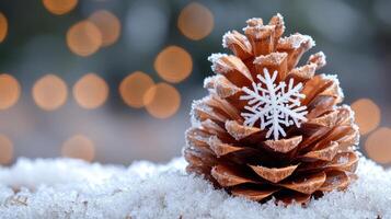 Snowy pine cone with snowflake, bokeh lights, winter holiday card photo