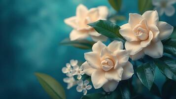 Gardenias, blossoms, close-up, teal background, spring photo
