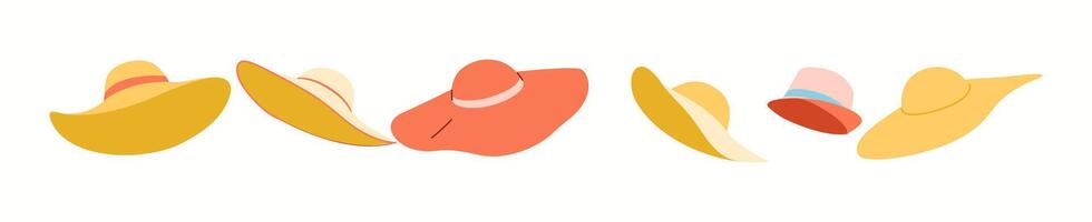 Illustration features five widebrimmed hats in assorted colors and styles. Each hat varies in design from simple to more detailed, showcasing diversity in headwear artistry. vector