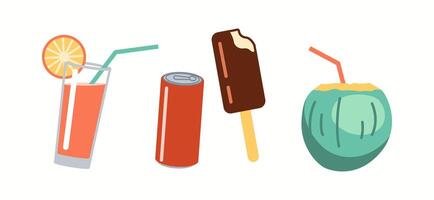 Illustration features a variety of summer treats including a glass of juice with slice of orange, a soda can, an ice cream bar, and a coconut with a straw. vector