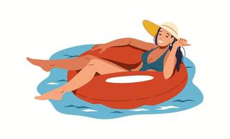 Illustration of a woman wearing a hat and swimsuit lounging on a red inflatable ring in calm blue water, enjoying a sunny day with a joyful expression. vector
