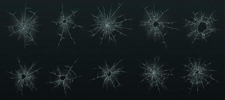 Ten isolated realistic shattered glass patterns on background. Cracks radiate from center with sharp edges, suitable for design and decoration. vector